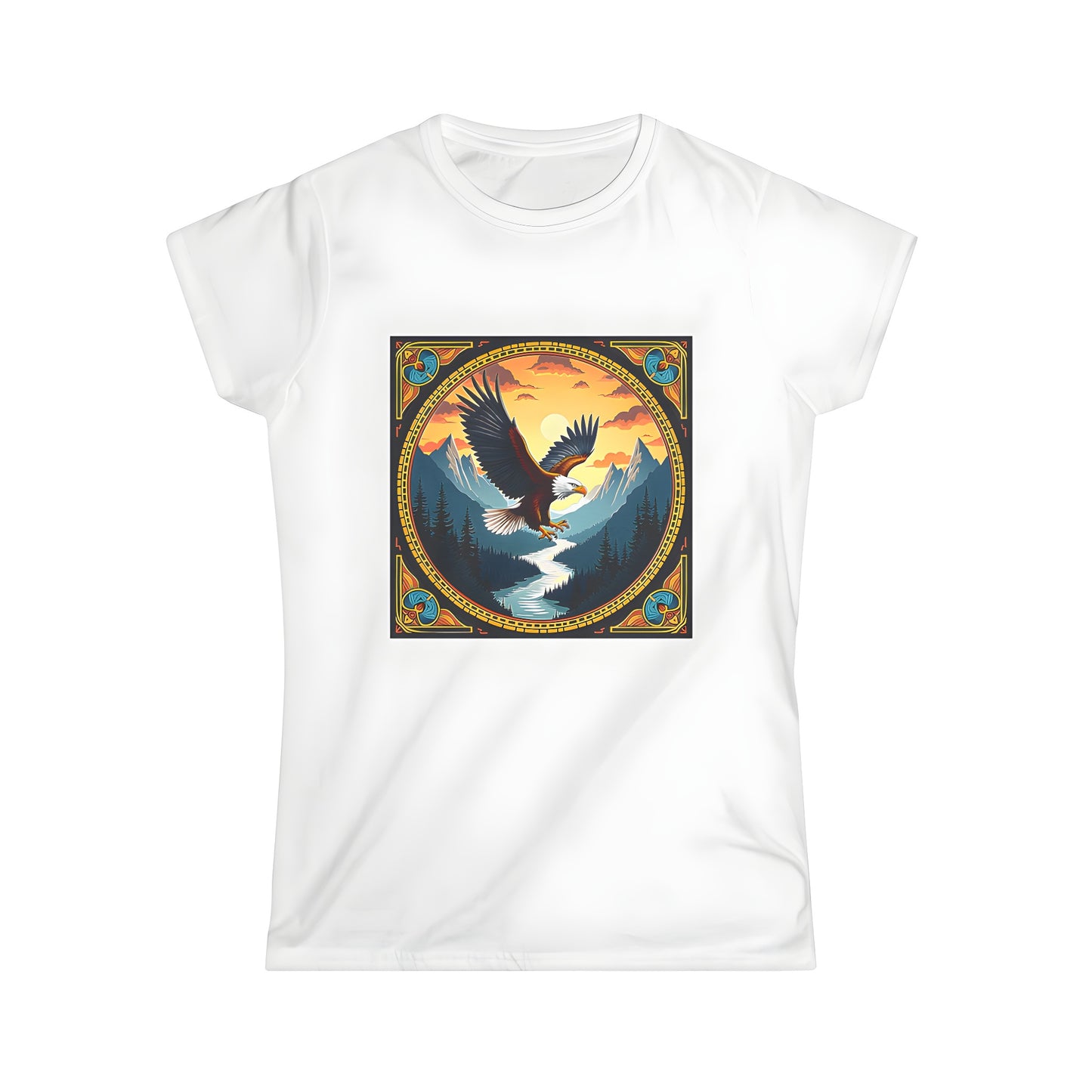 Women's colorful graphic t-shirt featuring an eagle in flight over a serene mountain landscape at sunset.