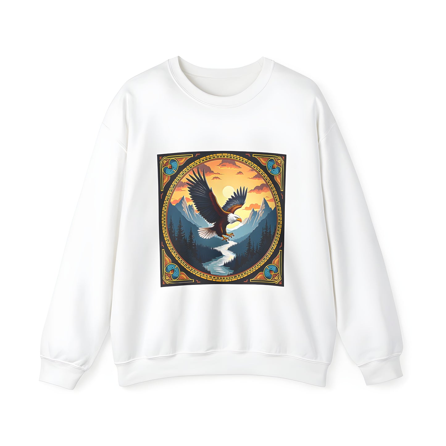 Adult sweatshirts with majestic bird designs, featuring an eagle soaring over serene mountains at sunset