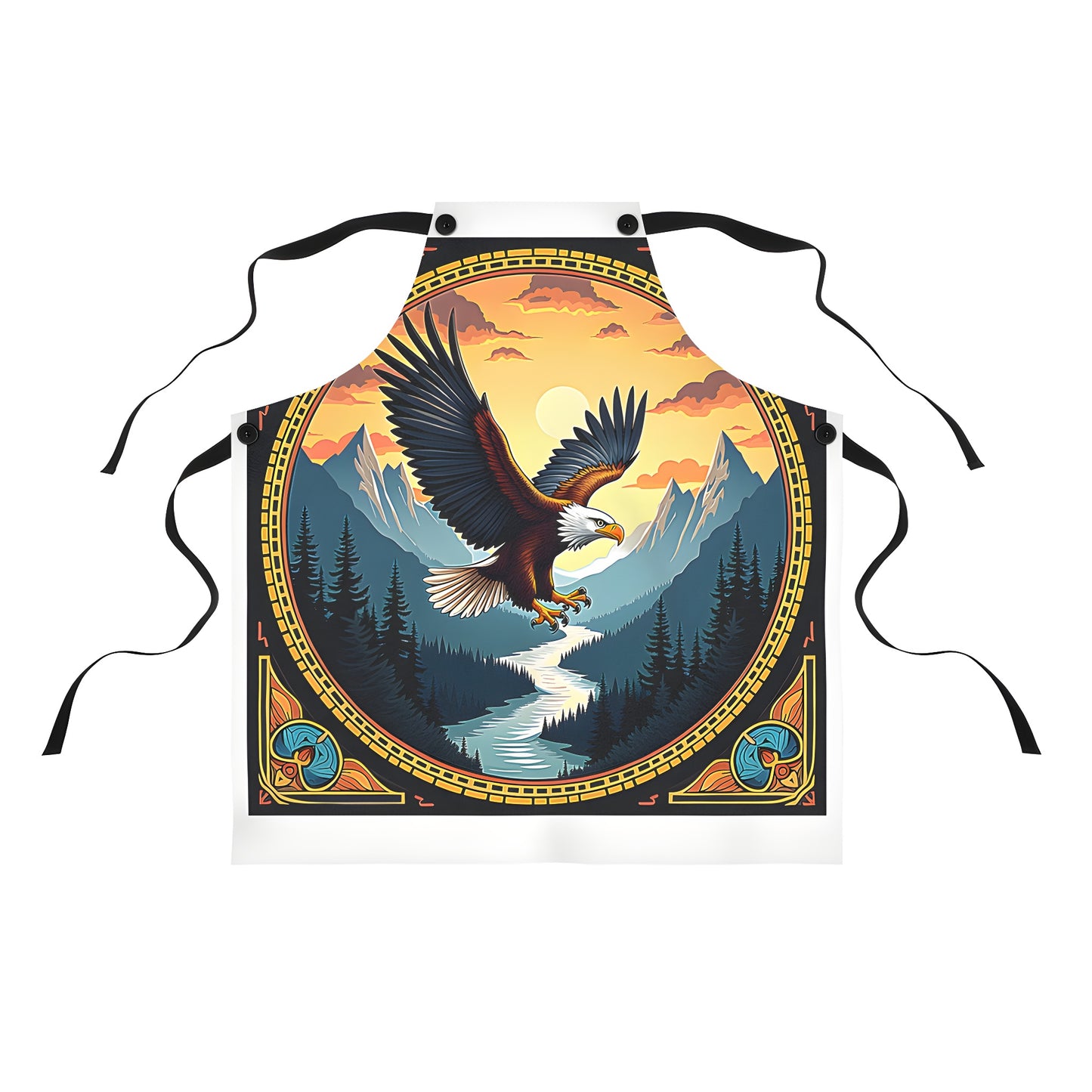 Vibrant colorful graphic apron featuring an eagle silhouette soaring above a peaceful mountain landscape at sunset