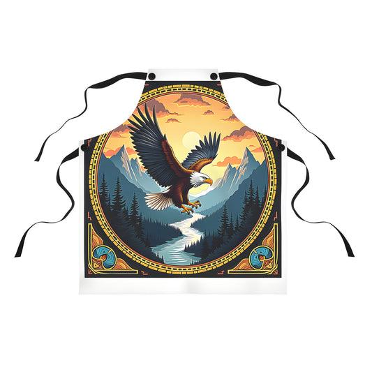 Vibrant colorful graphic apron featuring an eagle silhouette soaring above a peaceful mountain landscape at sunset