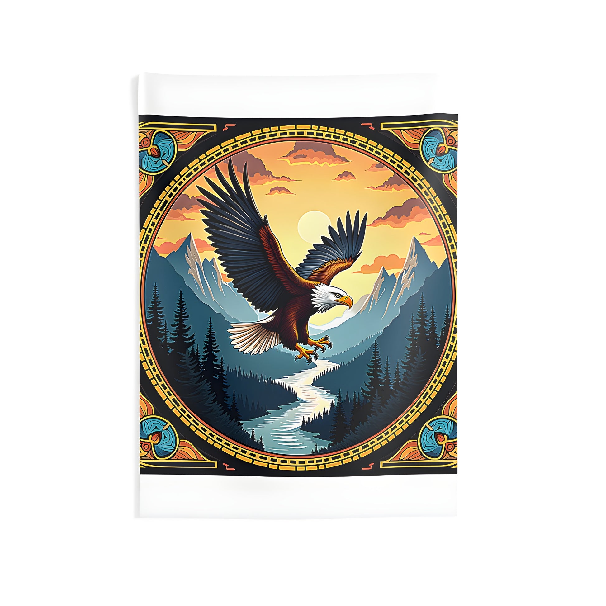 Colorful indoor wall tapestry featuring a majestic bird soaring over mountains at sunset