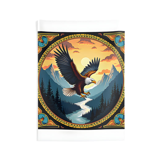 Colorful indoor wall tapestry featuring a majestic bird soaring over mountains at sunset