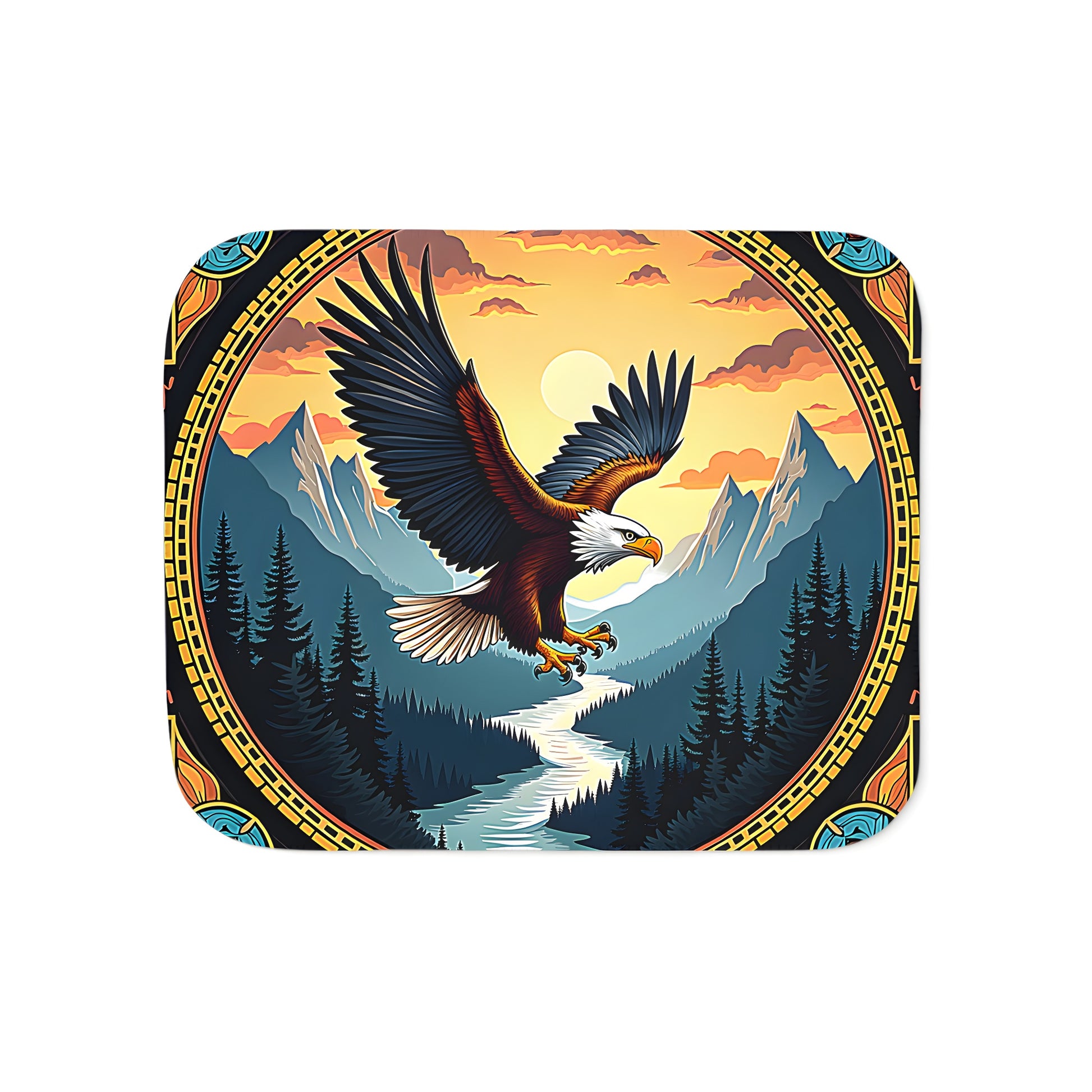 Colorful graphic blanket featuring majestic bird eagle soaring over serene mountain landscape at sunset