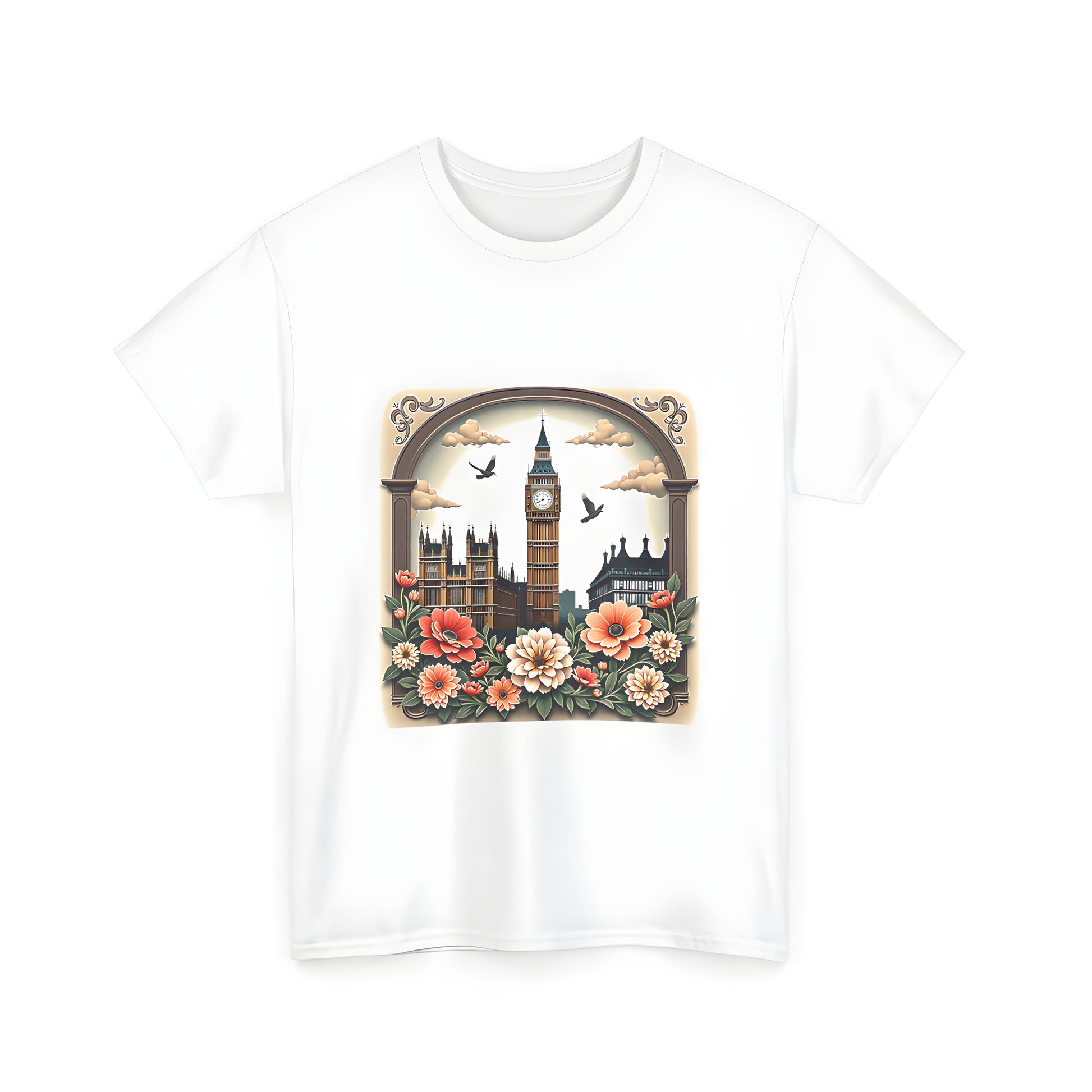 Graphic clock tower design printed on unisex t-shirt featuring Big Ben surrounded by colorful flowers and clouds with birds flying