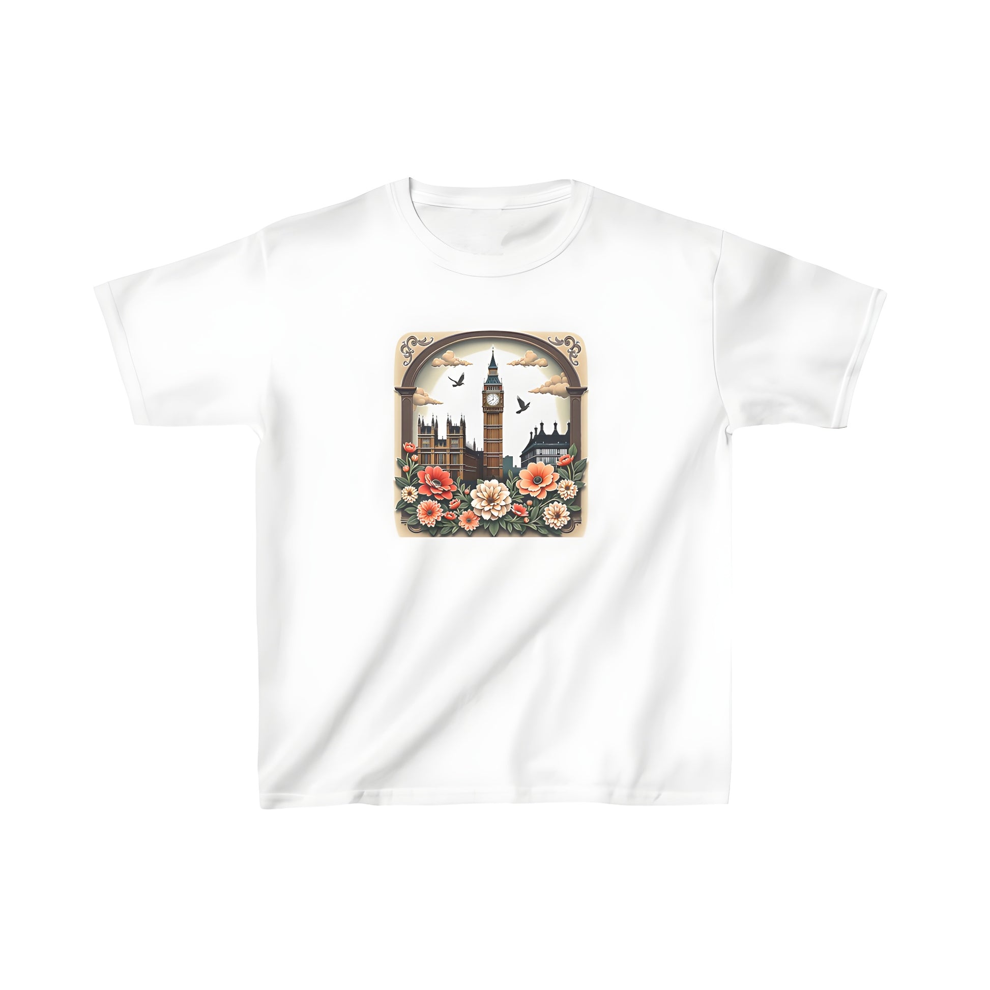 Kid's colorful graphic t-shirt featuring Big Ben clock tower illustration with flowers, clouds and birds