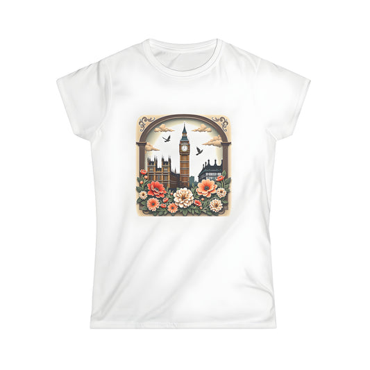 Women's colourful graphic t-shirt featuring a beautiful Big Ben design surrounded by flowers and clouds