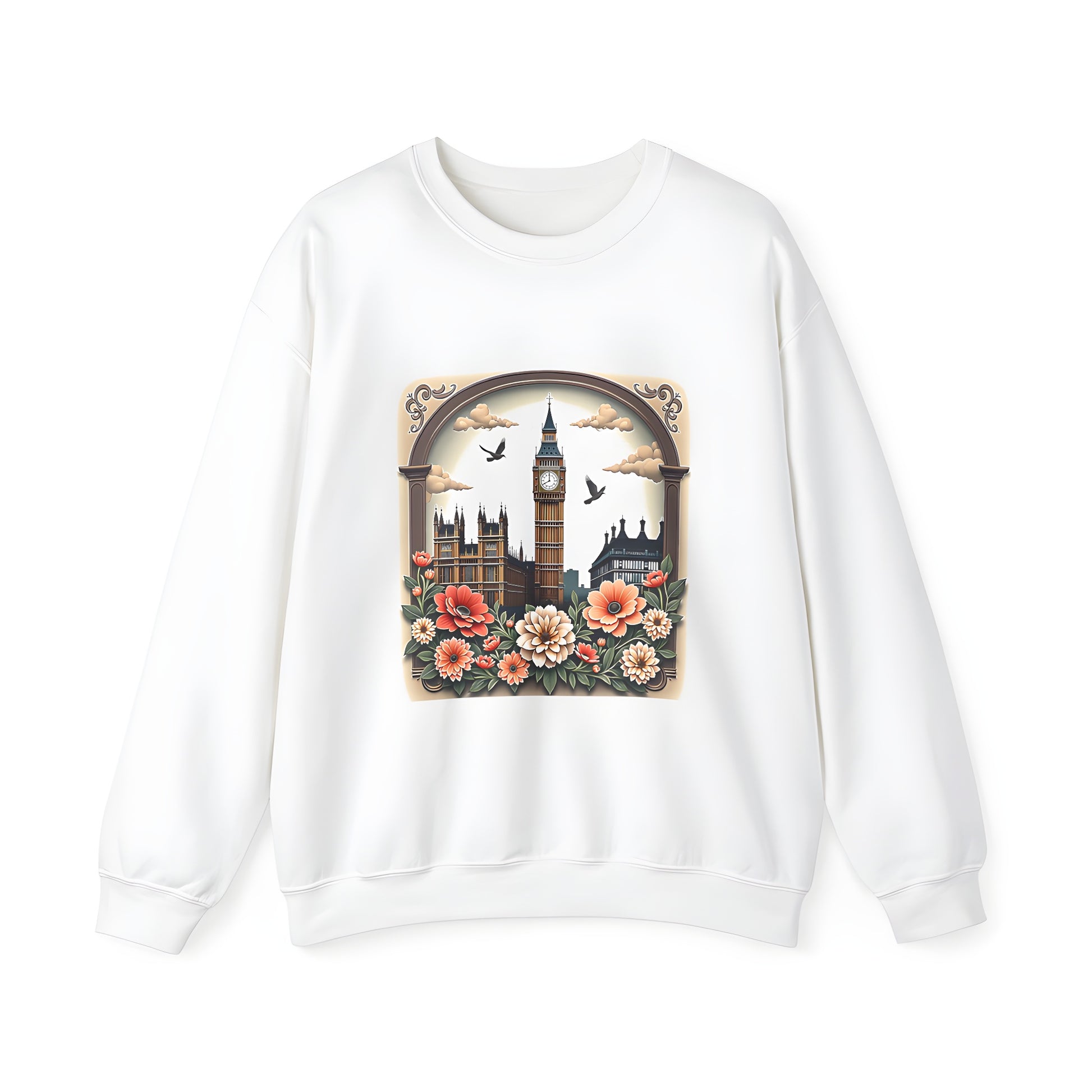 Adult sweatshirt featuring colorful graphic design of Big Ben clock tower surrounded by flowers and birds