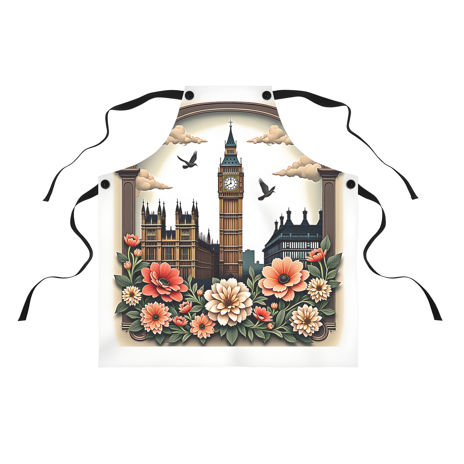 Colorful graphic apron with Big Ben clock tower design surrounded by flowers, clouds and birds