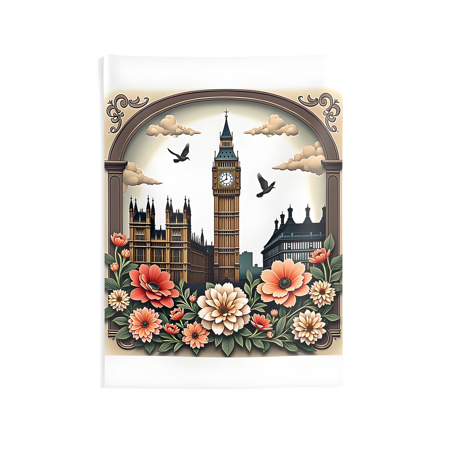 Indoor wall tapestries featuring colorful graphic designs of iconic clock towers, including Big Ben