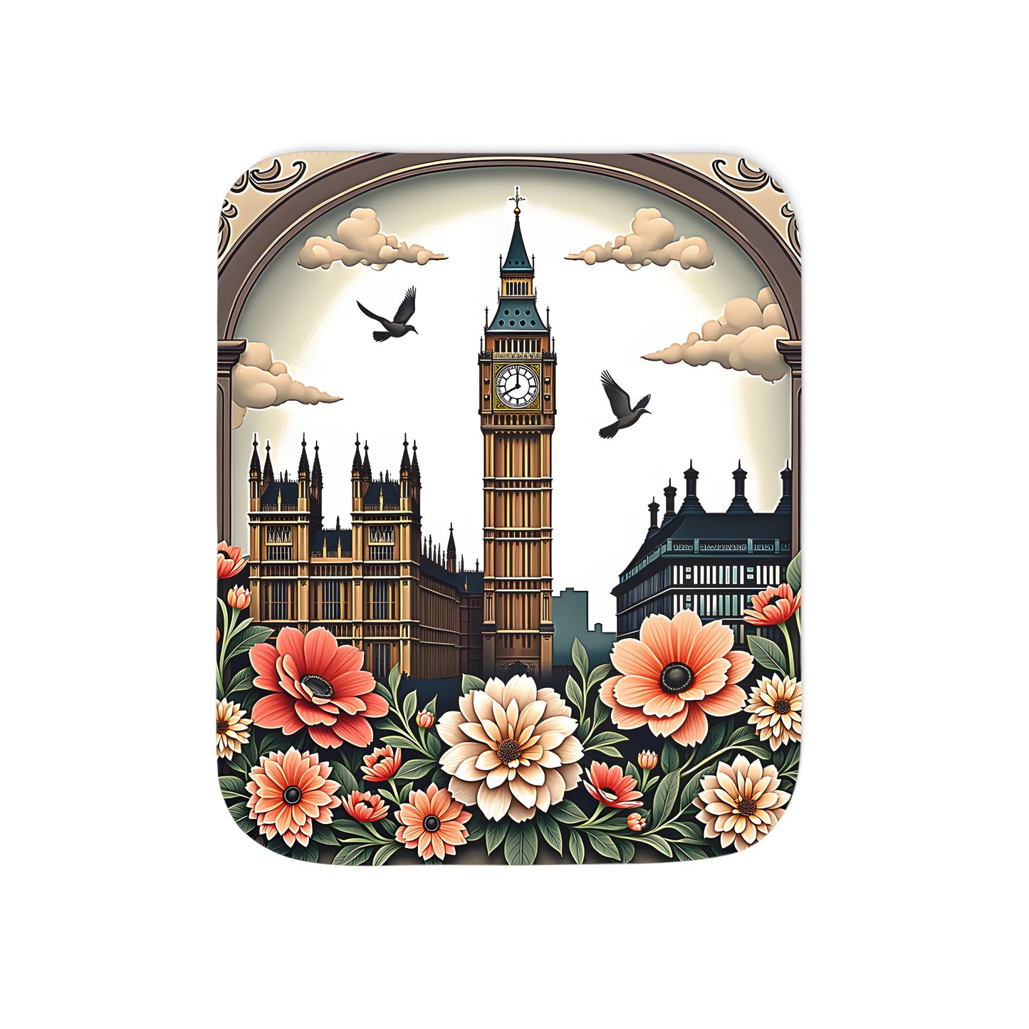 Colorful graphic blanket with Big Ben clock tower surrounded by flowers, clouds and birds for decorative home decor, London city architecture inspired throw blanket