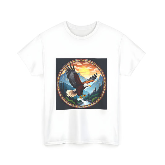 A colorful graphic design Unisex T-shirt featuring an American Bald Eagle in mid-flight above a serene river and forest landscape with majestic mountains and a warm sunset backdrop