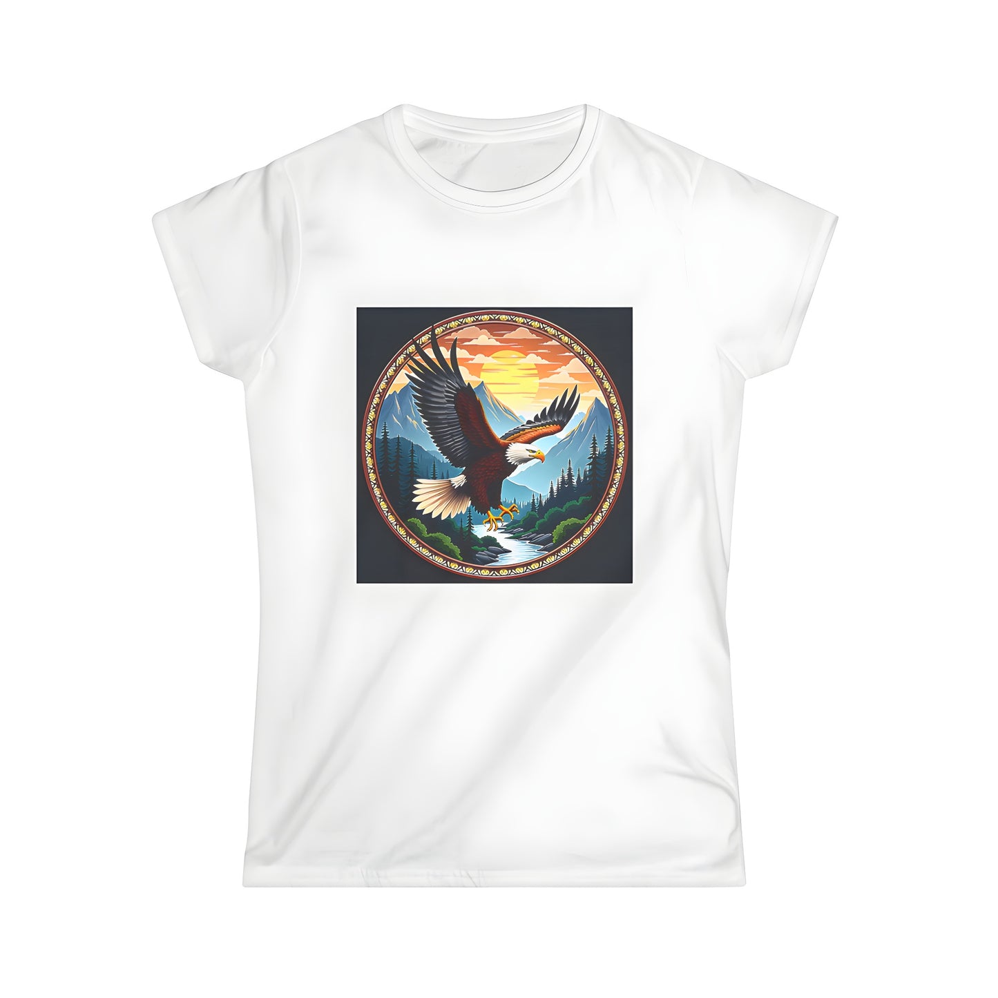 Colorful graphic tee featuring an eagle soaring above a river and forest landscape