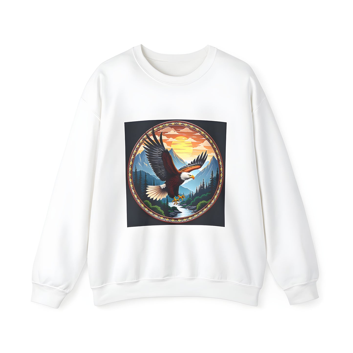 Adult sweatshirt featuring a colorful graphic design of a bird soaring above a river and forest with mountains and sunset backdrop