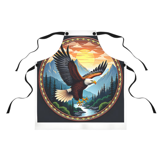 Colorful graphic apron design featuring a soaring eagle in flight above mountains and water