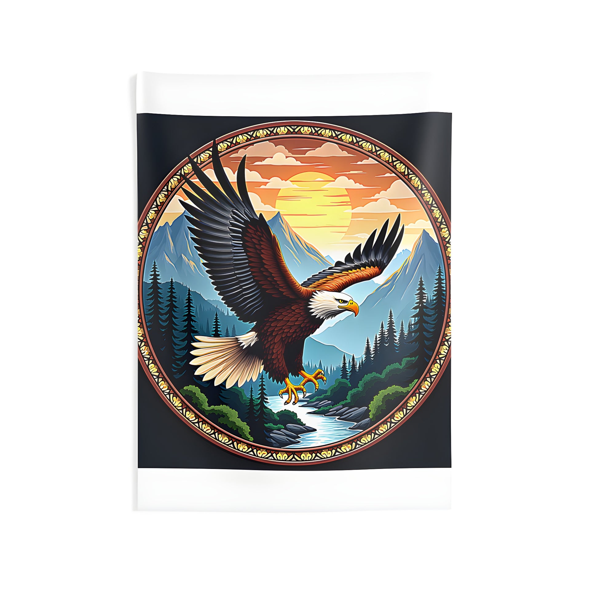 Colorful Graphic Design Wall Tapestry featuring an American Eagle soaring above mountains and forest