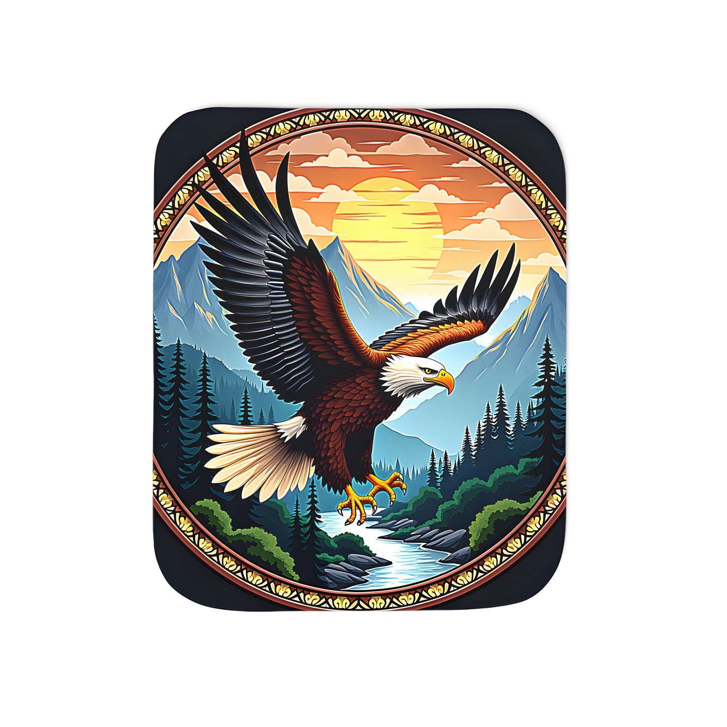 Colorful graphic blanket featuring an eagle soaring above a river and forest, set against a mountainous backdrop