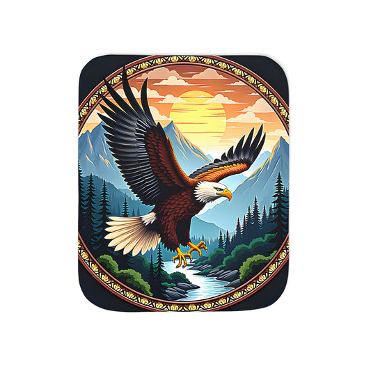 Colorful graphic blanket featuring an eagle soaring above a river and forest, set against a mountainous backdrop