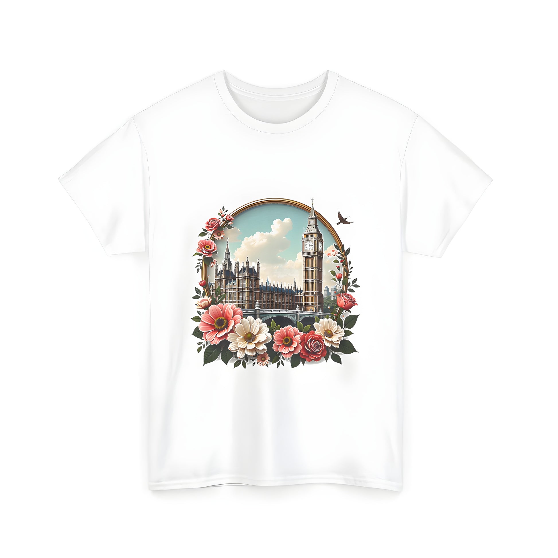 A classic building architectural marvel framed by vibrant flowers under a bright sky on a unisex t-shirt