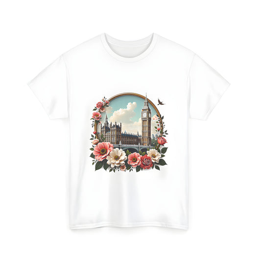 A classic building architectural marvel framed by vibrant flowers under a bright sky on a unisex t-shirt