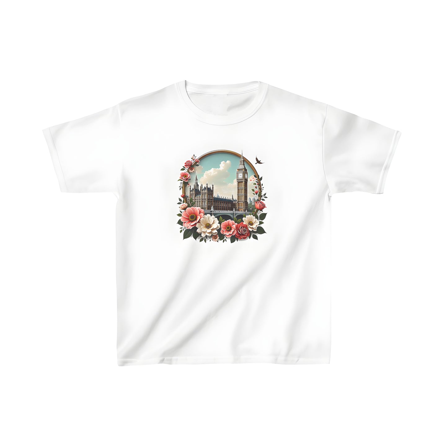 A kid's colorful graphic t-shirt featuring a vibrant classic building design, framed by flowers and set against a bright sky.