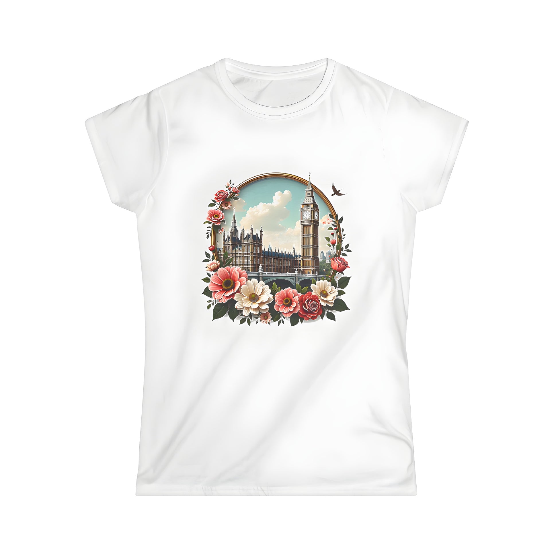 Women's colourful graphic t-shirt featuring a beautiful classic building silhouette against a bright blue sky surrounded by vibrant flowers