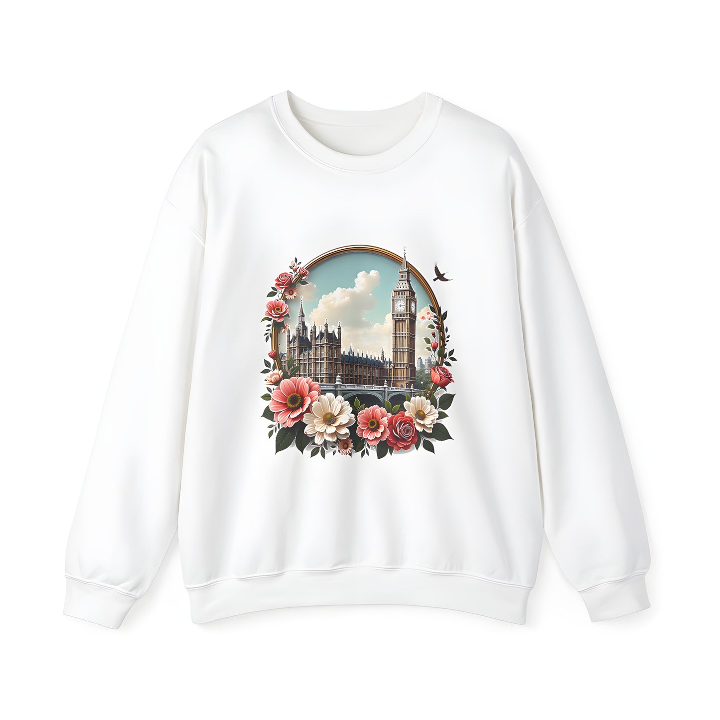 Adult sweatshirt with colorful graphic design of iconic landmark building and vibrant flowers