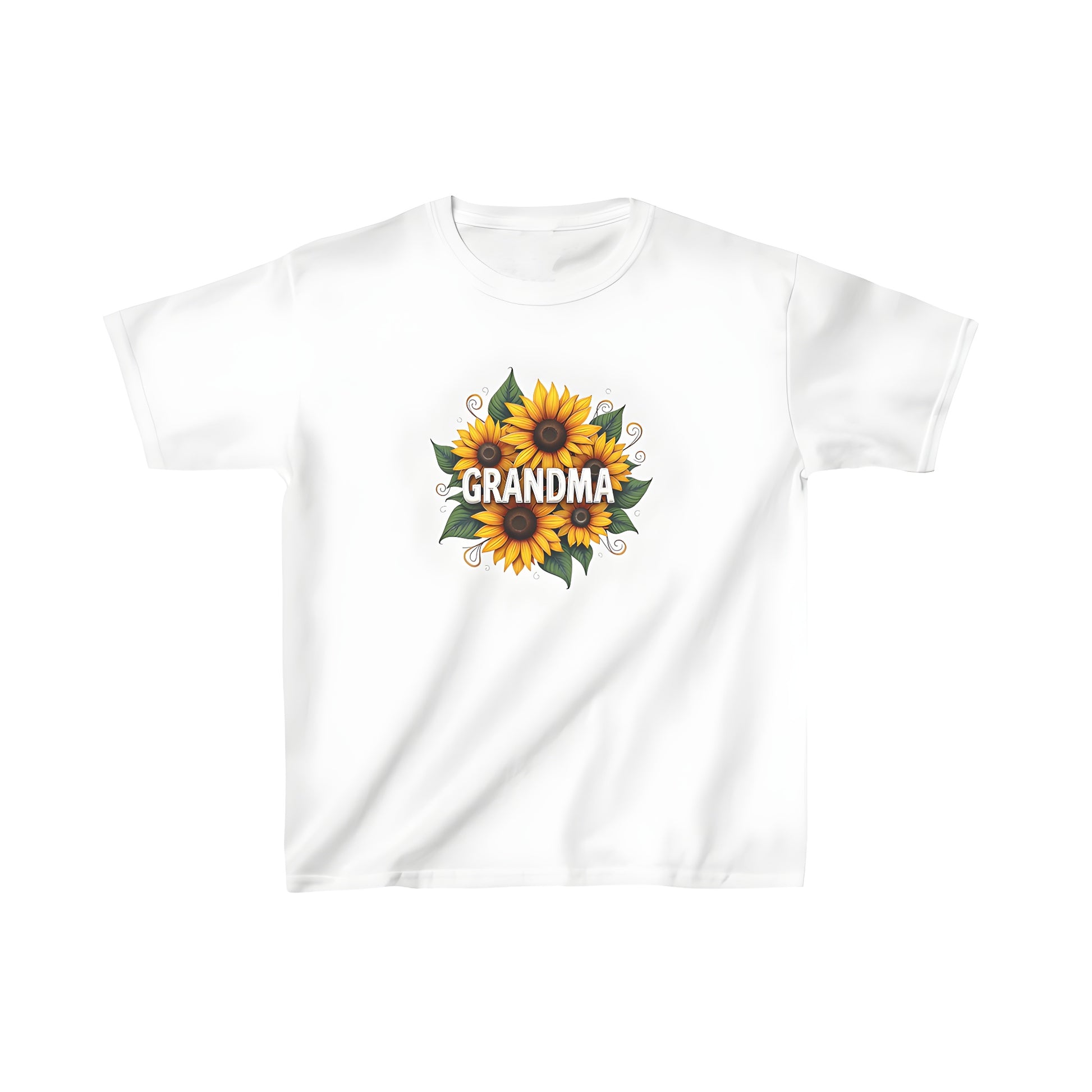 Colorful graphic t-shirt for kids featuring a vibrant arrangement of sunflowers with bold 'GRANDMA' text