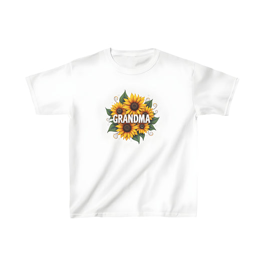 Colorful graphic t-shirt for kids featuring a vibrant arrangement of sunflowers with bold 'GRANDMA' text