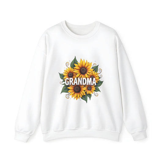 Adult sweatshirt featuring vibrant sunflowers, daisies, or helianthus floral pattern with bold 'GRANDMA' text at center