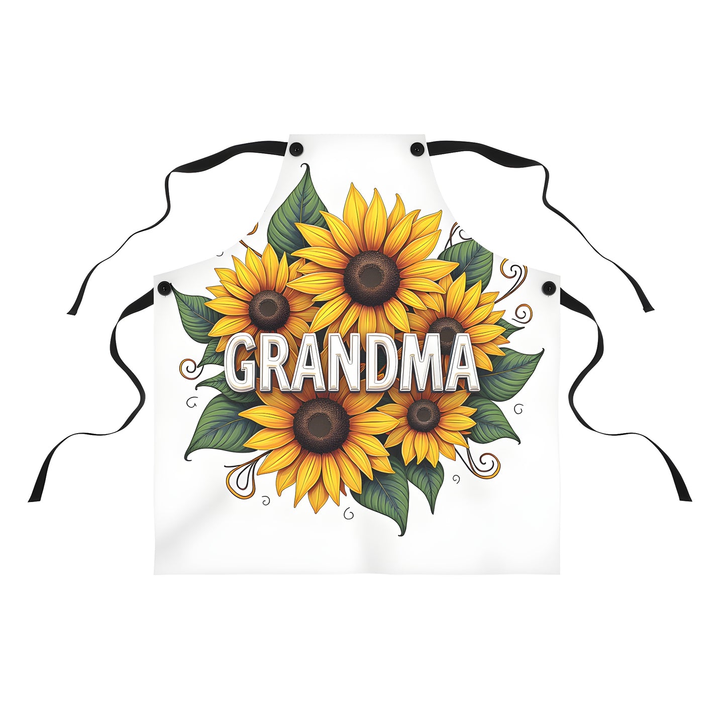 Colorful apron with sunflowers, daisies, and a grandma graphic print