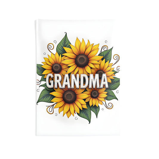 Vibrant floral tapestry of sunflowers and daisies with bold 'GRANDMA' text