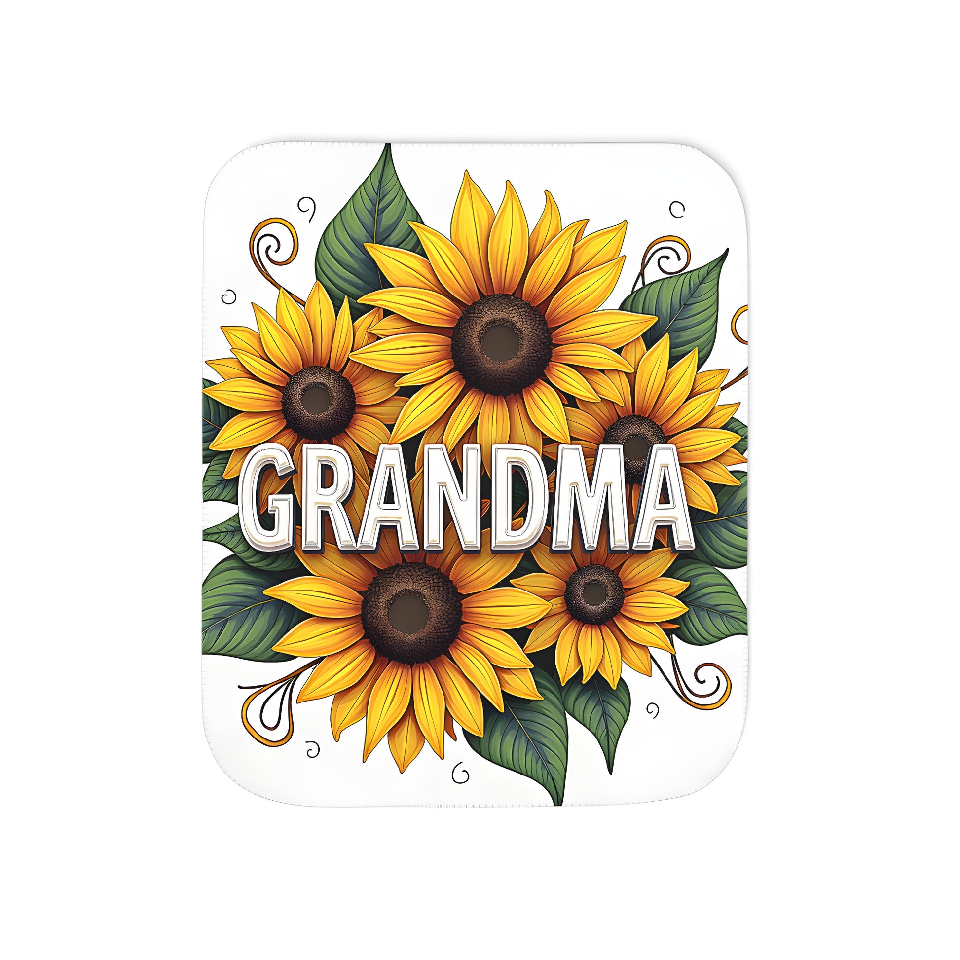 Colorful graphic blanket featuring vibrant sunflowers, daisies, and a bold 'GRANDMA' print