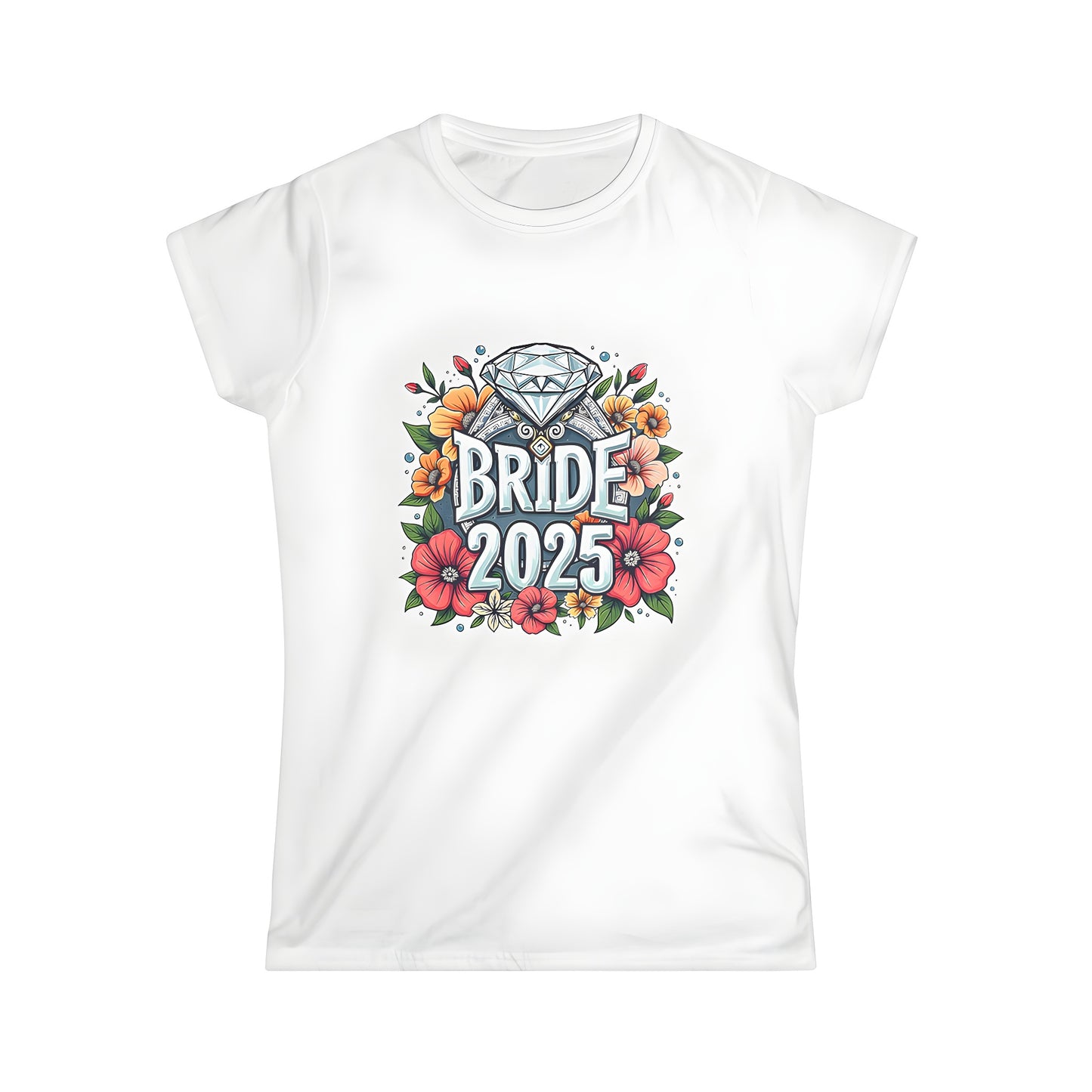 Women's T-shirts with bride wedding design, colorful graphic illustration of flowers and diamonds