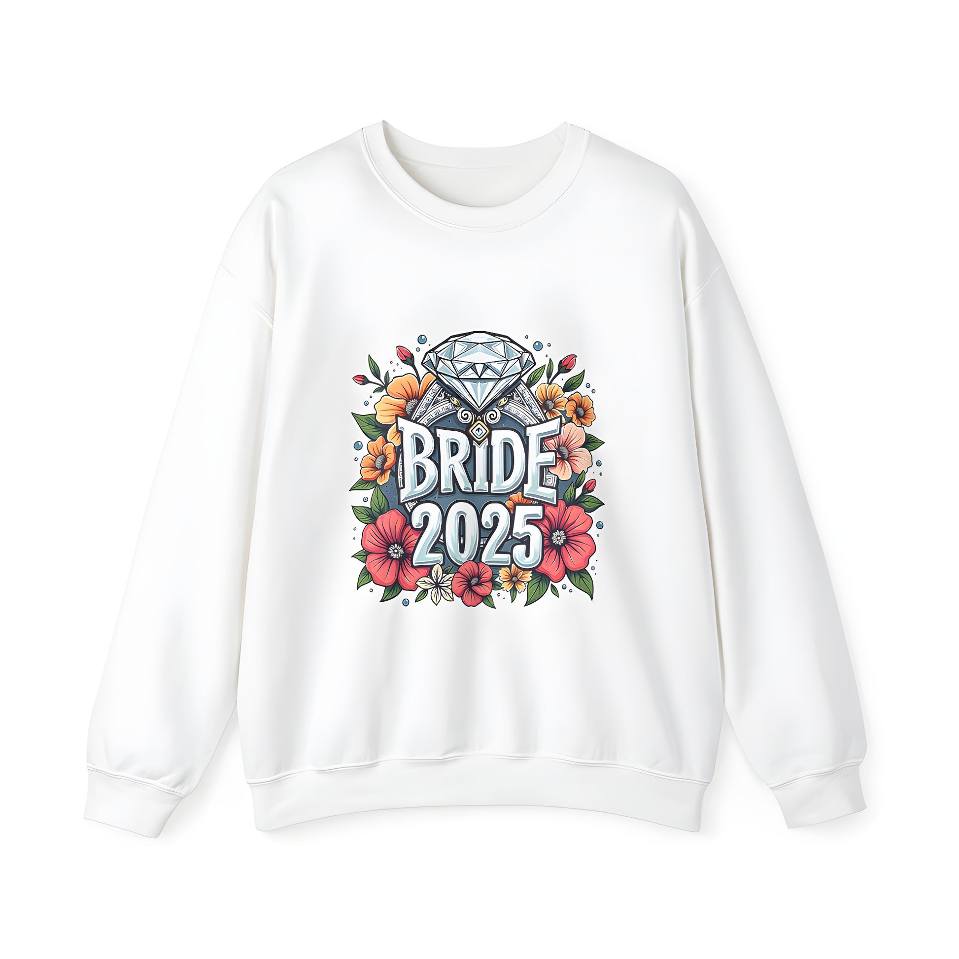 Adult sweatshirt featuring a vibrant illustration of a bride with colorful flowers and a diamond encircled by the year '2025'