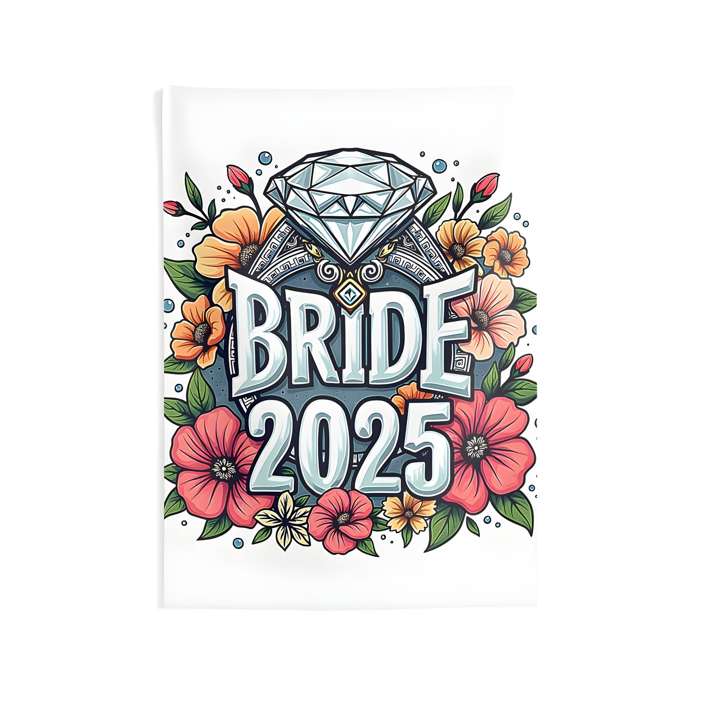 Vibrant wall tapestry featuring bride-to-be illustration with colorful flowers and diamond surrounded by 2025 encirclement