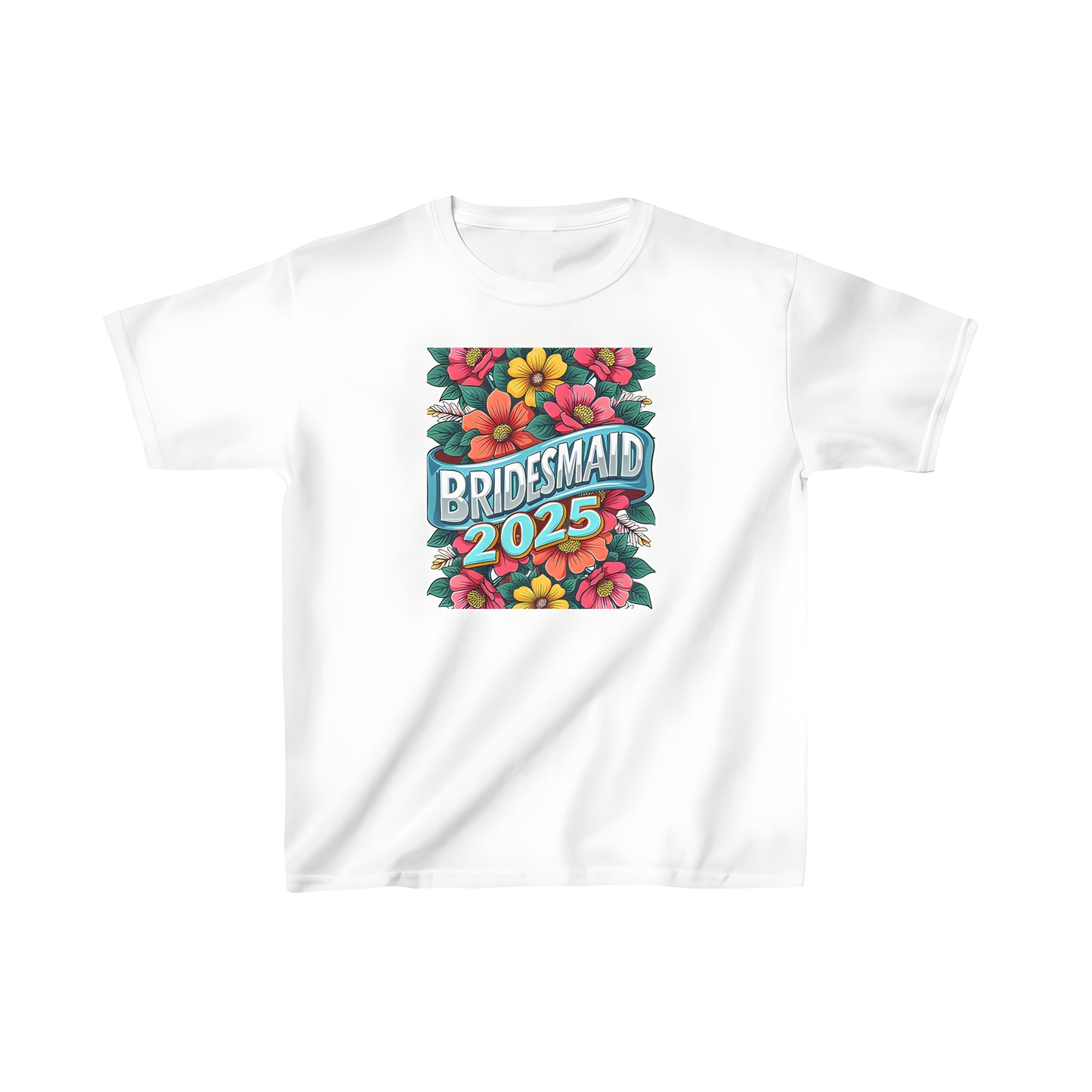 Kid's t-shirt featuring vibrant floral illustration with 'Bridesmaid' and '2025' graphics, colorful flowers, and decorative leaves