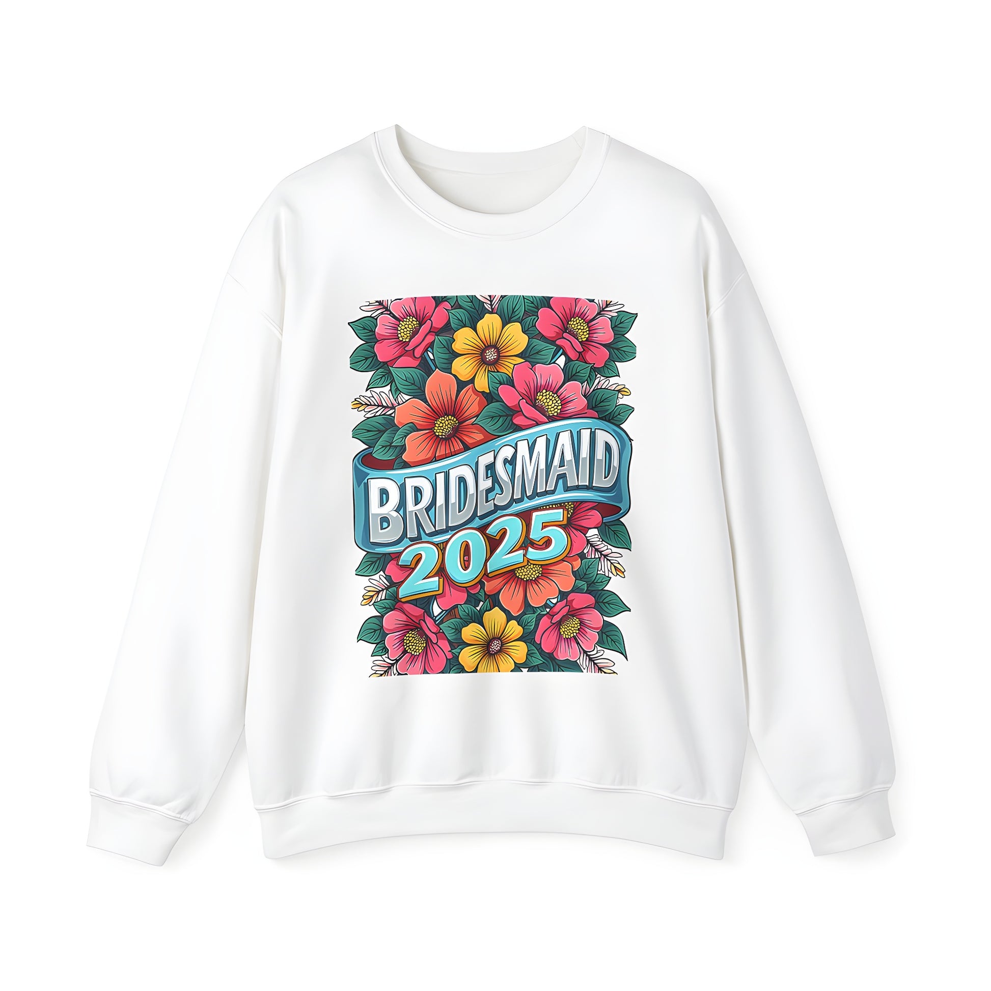 Vibrant floral illustration adult sweatshirt featuring colorful flowers and leaves, celebrating bridesmaids, maids of honor, 2025 styles, maid dresses, wedding party apparel