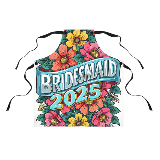 Colorful graphic apron with vibrant floral design highlighting 'Bridesmaid' theme