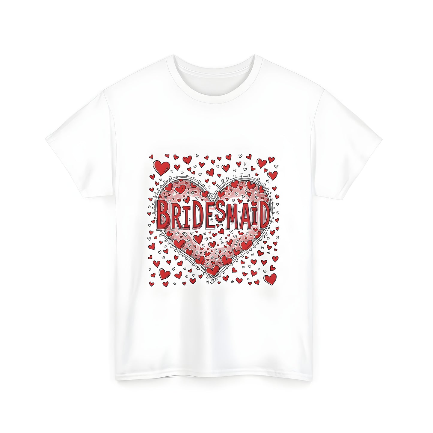 Unisex T-shirt with colorful graphic design of decorative heart filled with red hearts and bold 'Bridesmaid' text for a festive wedding theme