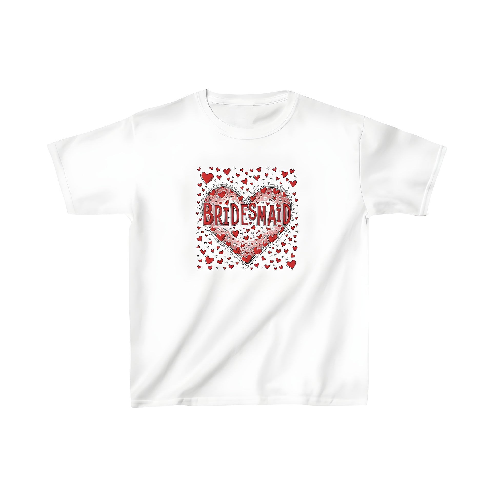 Kid's colorful graphic t-shirt with decorative heart design and 'Bridesmaid', Maid of Honor, Wedding Party' text