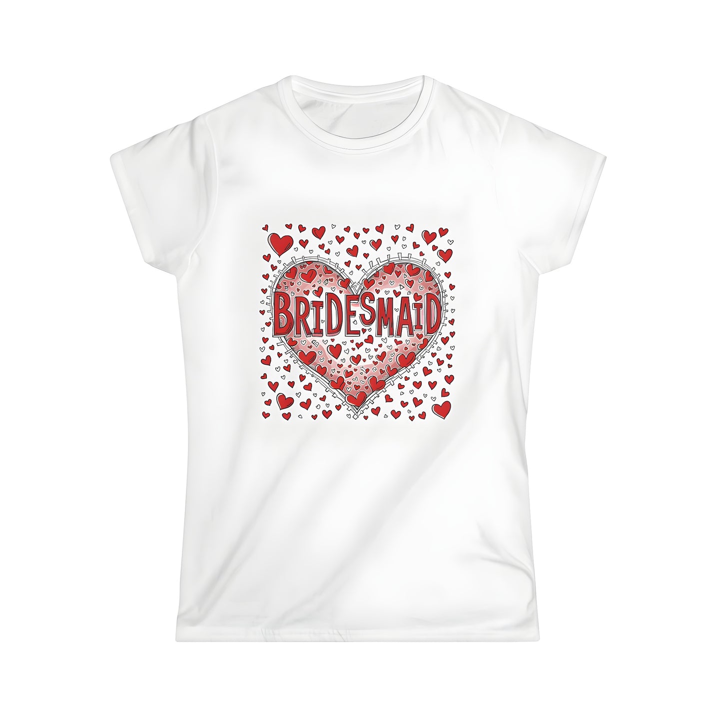 Women's colorful graphic tee with decorative heart design and bold 'Bridesmaid' text, ideal for wedding party attire