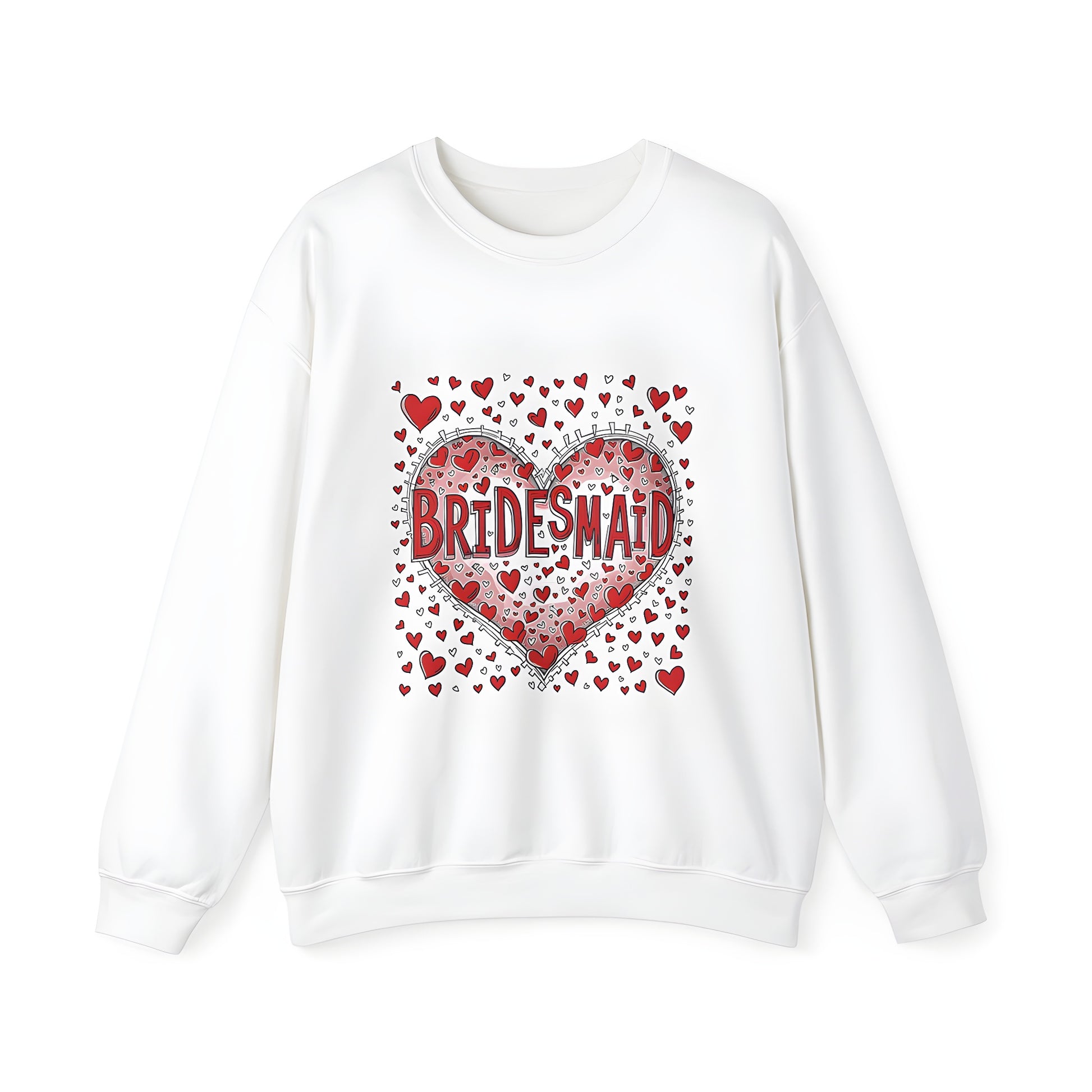 Adult bridesmaid sweatshirt with colorful graphic design featuring decorative heart and 'Bridesmaids' text