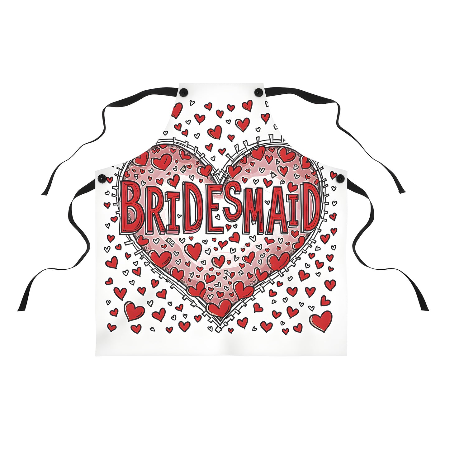 Colorful graphic design apron with decorative heart and 'Bridesmaid' text, perfect for bridesmaids or wedding party