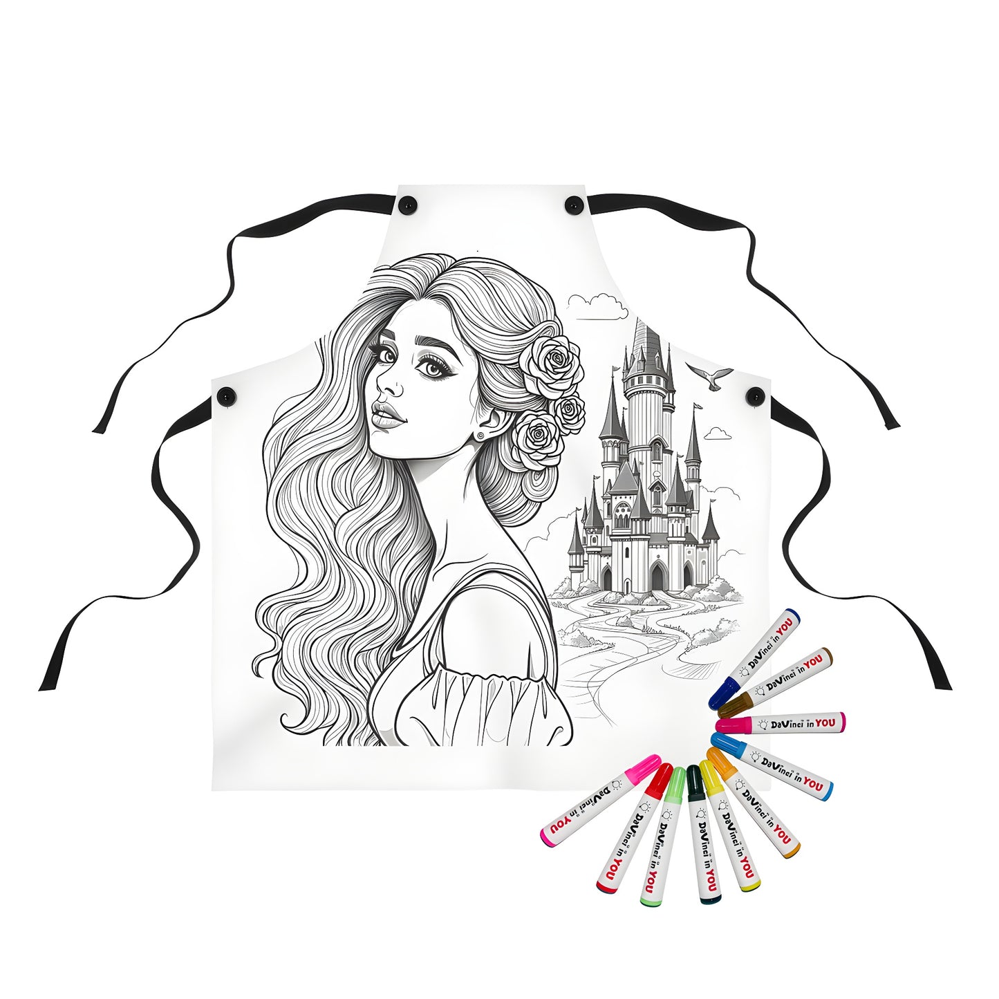 Apron featuring a coloring page design of a princess with castle backdrop