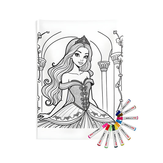 Princess wall tapestry for bedroom, elegant princess coloring kit, detailed black and white illustration