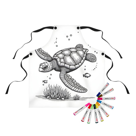 Apron featuring a detailed illustration of a sea turtle swimming underwater surrounded by fish and seaweed, perfect for ocean lovers. Includes colorful fabric markers.