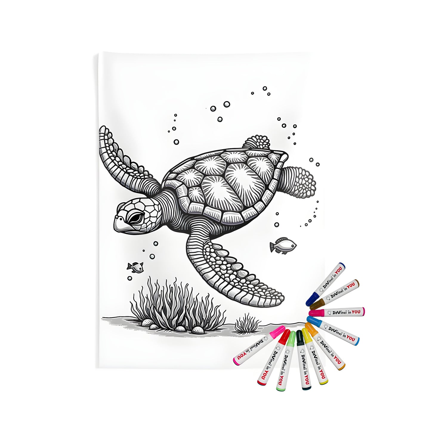 Detailed illustration of a sea turtle swimming underwater surrounded by small fish and seaweed, printed on an indoor wall tapestry