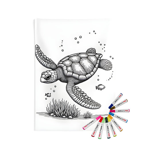 Detailed illustration of a sea turtle swimming underwater surrounded by small fish and seaweed, printed on an indoor wall tapestry