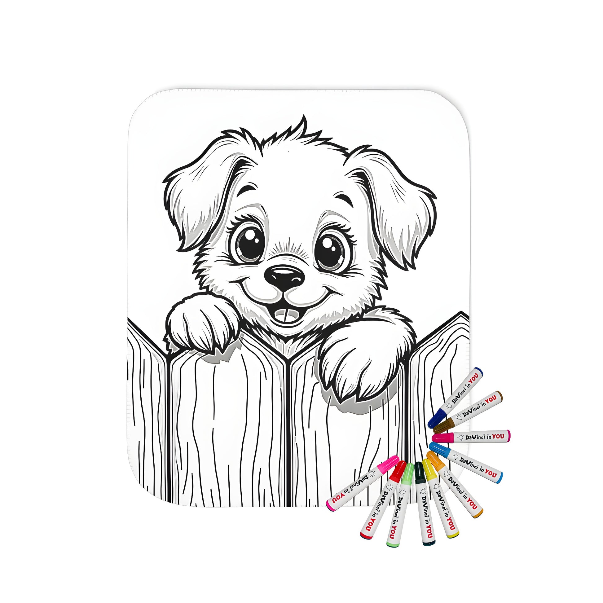 Cozy blanket featuring a cute puppy design, perfect for snuggling up and colouring. Includes 10 fabric markers.