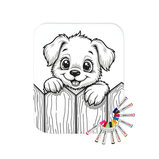 Cozy blanket featuring a cute puppy design, perfect for snuggling up and colouring. Includes 10 fabric markers.